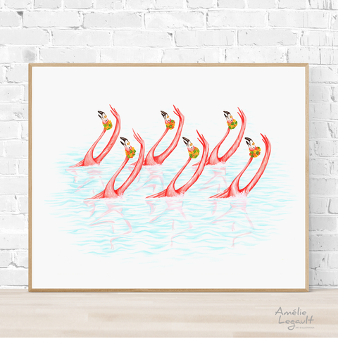 Pink flamingos, synchronized swimming, art Print, gouache painting, flamingo art, flamingo love, flamingo decor, flamingo illustration, amelie legault