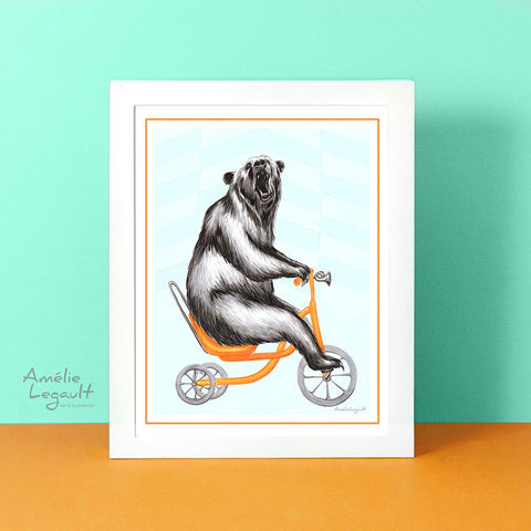 Bear illustration, Bear drawing, bear print, bear riding a bike, bicycle print, canadian animal, canadian artist, amelie legault, art print