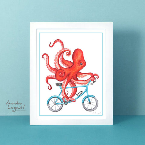 Octopus on a bike, art Print, octopus Drawing, otopus artwork, giant squid, amelie legault, octopus illustration, sea animal