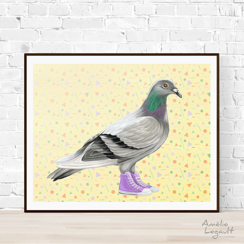 Pigeon illustration, Pigeon painting, Amélie Legault, Montreal animal, converse illustration, converse shoes, converse painting, art print, artwork, canadian artist