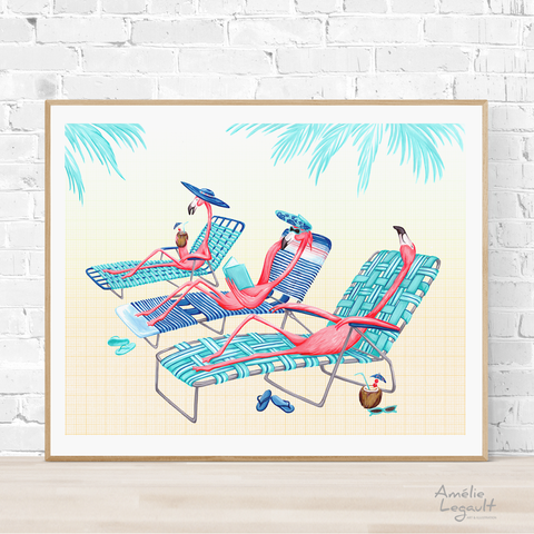 Pink flamingo, at the beach, art Print, gouache Painting, amelie legault, flamingo art, flamingo love, flamingo decor, flamingo illustration, flamants roses