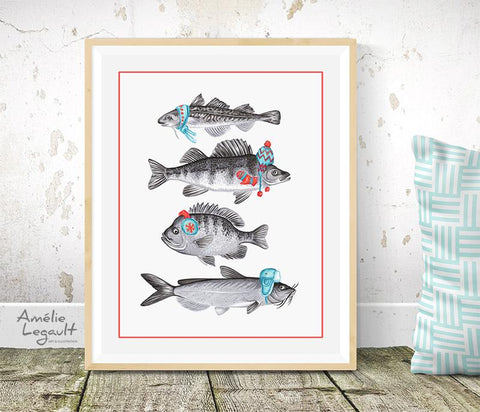 Dressed fish, Summer fish, fish art Print, fish drawing fish art work, canadian fish, amelie legault, made in canada, canadian artist