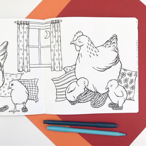 Cahier à colorier, les poules à la mode, pantoufles en phentex, coloriage pour enfants, amélie legault, fait au québec, poule et poussins