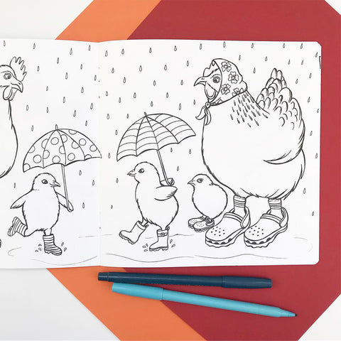 Cahier à colorier, coloriage pour enfants, les poules à la mode, crocs, bottes de pluie, amélie legault, fait au québec, 