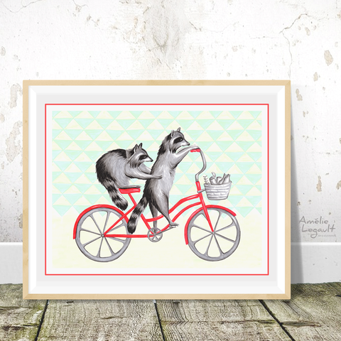 Raccoons on a bike, raccoon illustration, raccoon drawing, amelie legault, raccoon print, bicycle art print, bicycle drawing, montreal, canadian animals