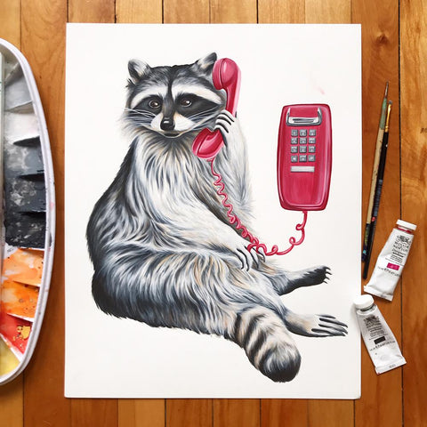 peinture de raton, raton laveur, illustration de raton, gouache, winsor&newton, animal canadien, artiste québécoise, montréal, téléphone mural, 1980