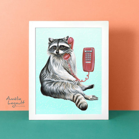 Raccoon on the phone, raccoon illustration, canadian animal, montreal animal, raccoon painting, amelie legault, wall phone, vintage phone, 1980s phone,