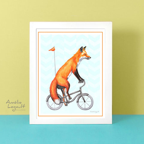 Fox on a bike, art print, fox Drawing, Home decor, fox theme decor, fox drawing, Amélie Legault, canadian animal, canadian art, bicycle print, bicycle art work