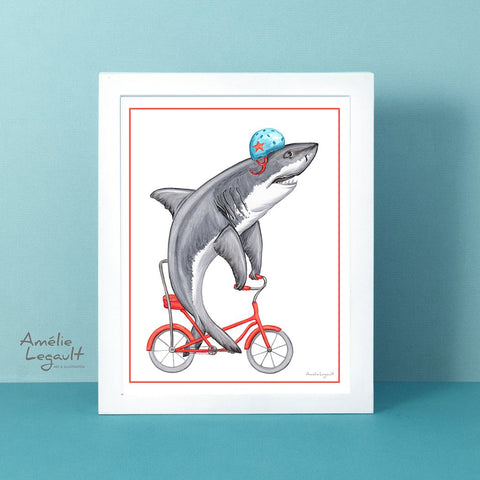 Shark on a bike, art Print, shark Drawing, Home decor, wahsroom decor, amélie legault, shark illustration, shark week, bicycle illustration, bicycle artwork, kid's room decor