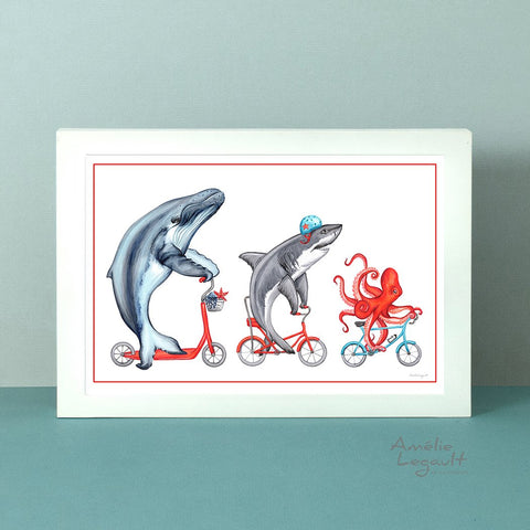 Whale, Shark and Octopus on bikes, art Print, Drawing, Home decor, sea animals, sea theme decor, washroom art, amelie legault