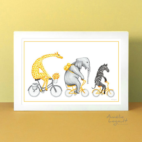 Giraffe, Elephant, zebra, art print, home decor, savannah animals, amelie legault, bicycle art print, bike drawing